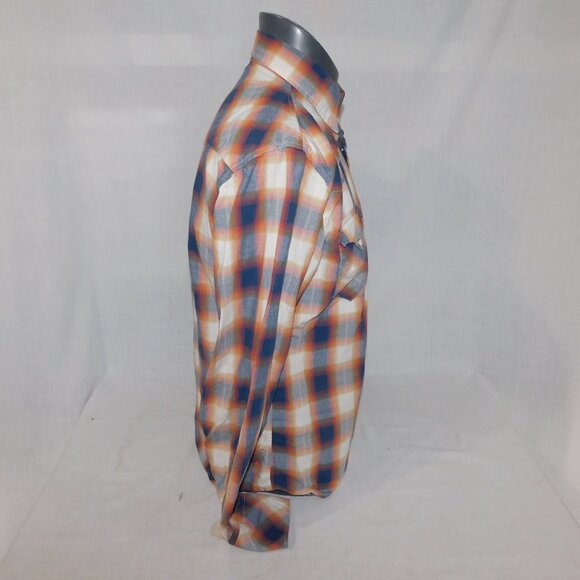 Roper Mens M Blue Cream Orange Plaid Snap Front Western Rodeo Shirt - Picture 8 of 12